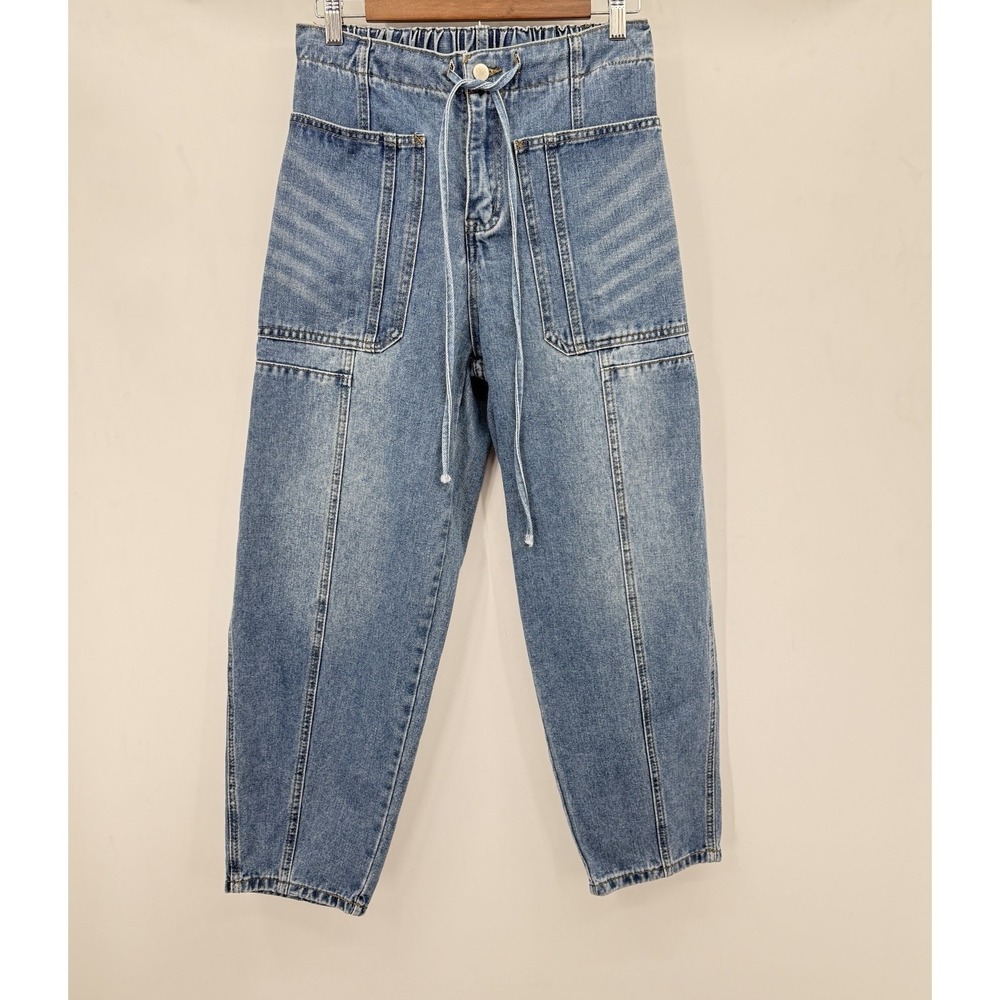Womens Barrel Leg Cropped Jeans M Elastic Waist Drawstring Denim Blue Pockets